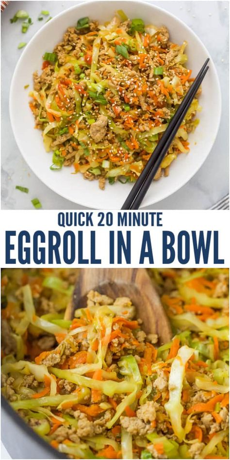 This 20-minute Egg Roll in a Bowl is the perfect quick and easy weeknight dinner. Ground turkey is cooked with scallions, ginger and garlic then tossed with cabbage, carrots, sriracha and soy sauce. It tastes just like the fried egg roll filling from your favorite restaurant - but without the grease. #eggroll #asianfood #bowlrecipes #lowcarbrecipes #ketorecipes #dinnerideas Dinner Ground Turkey, Ground Turkey Dinners, Cooking With Ginger, Egg Roll Filling, Healthy Turkey Recipes, Ground Turkey Recipes Healthy, Healthy Ground Turkey, Egg Roll In A Bowl, The Grease