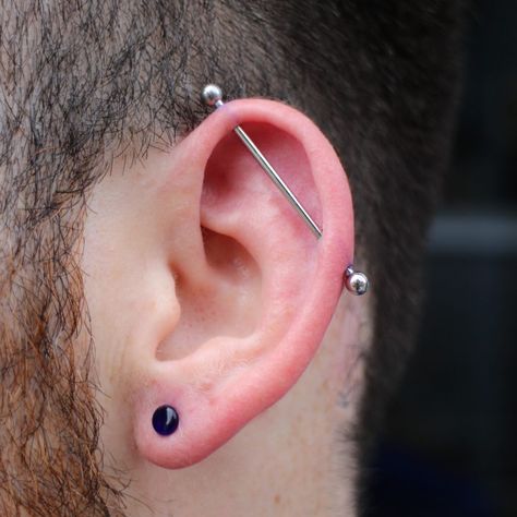 Outer Helix Piercing, Men Ear Piercing, Two Piercings, Guys Ear Piercings, Industrial Bar Piercing, Industrial Piercings, Orbital Piercing, Men's Piercings, Piercing Industrial