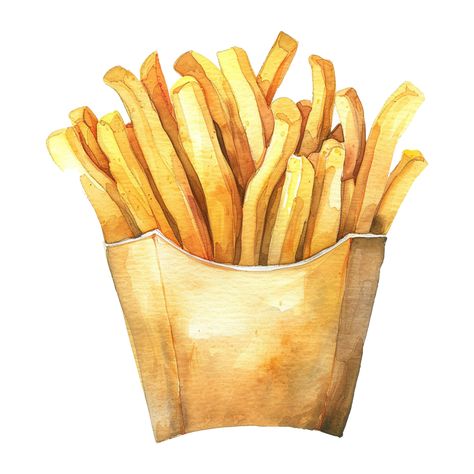 Watercolor French fries isolated on transparent background Chicken Watercolor, Hamburger And Fries, Food Mockup, Crispy Fried Chicken, Mouth Watering Food, Drawn Illustration, Food Drawing, Heart With Arrow, Glass Dishes