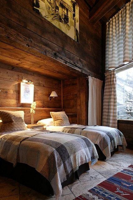 Furniture  - Bedrooms : Luxury French ski chalet bedroom with rustic reclaimed unfinished wood walls, fl... | by Decor Object Ski Chalet Bedroom, Rustic Cabin Bedroom, Chalet Bedroom, Modern Chalet, Chalet Interior, Cabin Bedroom, Cabin Living, Cabin Style, Cabins And Cottages