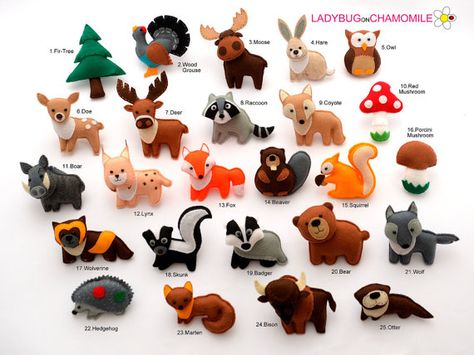 FOREST ANIMALS. WOODLAND ANIMALS. (The price is per 1 item) 1. Fir-tree 2. Wood grouse 3. Moose 4. Hare 5. Owl 6. Doe 7. Deer 8. Raccoon 9. Coyote 10. Red mushroom 11. Boar 12. Lynx (bobcat) 13. Fox 14. Beaver 15. Squirrel 16. Porcini mushroom 17. Wolverine 18. Skunk 19. Badger Felt Magnet, Diy Baby Mobile, Baby Mobil, Toys By Age, Diy Bebe, Australian Animals, Baby Diy, Fox Terrier, Woodland Baby