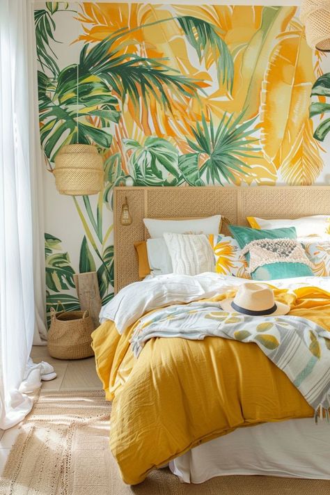 Bright Pastel Bedroom, Earthy Boho Bedroom, Boho Bedroom Lighting, Summer Bedrooms, Decorate Airbnb, Tropical Room Ideas, Summer Bedroom Ideas, Lights Boho, Tropical Chic Decor