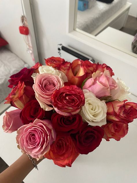 Cutest Flower Bouquet, Red Roses Valentines Day, Dark Pink Roses Bouquet, Dark Red And Pink Wedding, Pink Red White Flower Arrangement, Red Pink And White Roses Bouquet, Valentine Asethic, Red Hoco Bouquet, Pink And Red Flower Arrangements