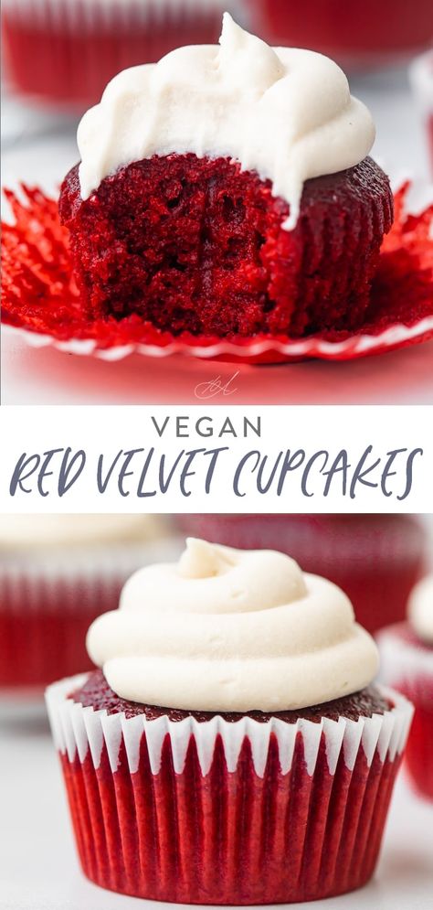 These vegan red velvet cupcakes are ultra tender with a tangy cream cheese frosting. You might not even know they're vegan! #vegan #dessert #valentinesday #cupcakes #dairyfree Muffins Halloween, Vegan Red Velvet Cake, Vegan Red Velvet Cupcakes, Dairy Free Cream Cheese Frosting, Cupcakes Gluten Free, Vegan Red Velvet, Vegan Cream Cheese Frosting, Dairy Free Baking, Cheese Frosting Recipe