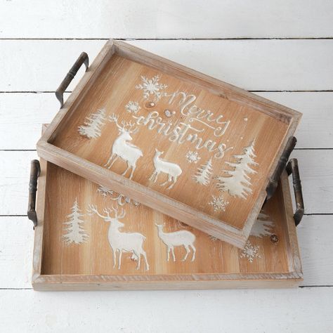 Set of Two Christmas Wooden Serving Trays Christmas Trays, Christmas Serving Tray, Christmas Tray, Painted Trays, Wooden Serving Trays, Small Tray, Christmas Wonderland, Iron Handles, Old Fashioned Christmas