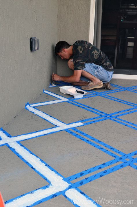 3M ScotchBlue™ Painters Tape Outdoor Painted Patio Painted Cement Patio, Outdoor Concrete Floors, Painted Cement Floors, Stenciled Concrete Floor, Painted Porch Floors, Paint Concrete Patio, Stencil Concrete, Concrete Patio Makeover, Painting Cement