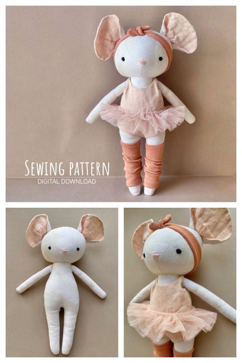 Fabric Doll Sewing Pattern, Mouse Doll Pattern Free, Mouse Stuffed Animal Pattern, Sewing Patterns Toys, Sewn Doll Pattern, Free Toy Sewing Patterns, Diy Cloth Doll, Free Sewing Patterns Stuffed Animals, Maileg Patterns