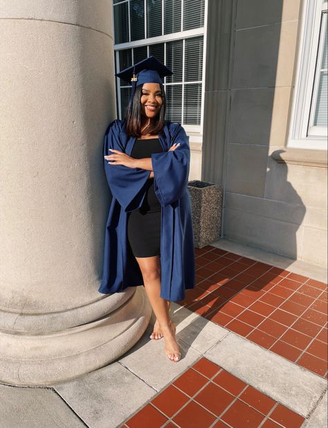 Graduation Dress With Black Cap And Gown, Black Graduation Gown Outfit, Navy Blue Cap And Gown Graduation Outfit, Blue Graduation Gown Outfits, Blue Cap And Gown Graduation Outfit, Graduation Gown Outfit, Cap And Gown Outfit, Blue Cap And Gown, Blue Graduation Gown