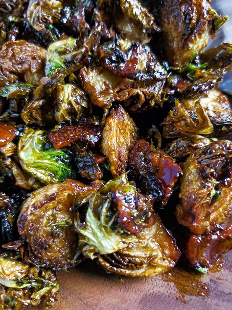 Maple Bacon Brussel Sprouts Air Fryer, Sweet Crispy Brussel Sprouts, Brussel Sprouts Maple Bacon, Bacon Pecan Brussels Sprouts, Truffle Brussel Sprout Recipes, Crispy Bacon Brussel Sprouts, Deep Fried Brussel Sprouts Crispy, Firecracker Brussel Sprout Recipes, Maple Bacon Brussel Sprouts Skillet