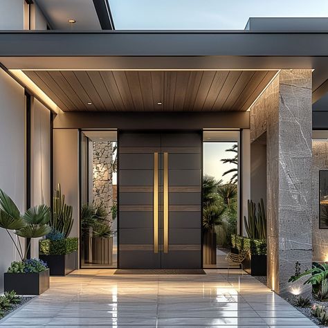 Minimalist entrance with smooth, dark metal, perfect for a modern aesthetic Double Door Design Modern Entrance, Minimalist Entrance, Pathway Design, Palm Springs House, Modern Entrance Door, Contemporary Houses, Doors Design, Modern Entrance, Doors And Floors