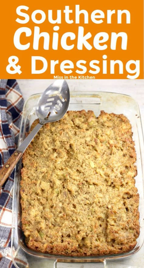 Chicken and Dressing {Southern Style} - Miss in the Kitchen Dressing Southern Style, Southern Chicken And Dressing, Southern Dressing Recipe, Chicken Dressing Recipe, Budget Salad, Cornbread Dressing With Chicken, Chicken And Dressing, Chicken And Dressing Casserole, Dressing Recipes Thanksgiving