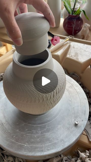 Sum Function on Instagram: "A full video of trimming a closed form lidded jar and adding texture. This one was a fun one - I think keeping the neck thick (where the flange will be) helped a lot compared previous lidded jars.  #closedform #closedformliddedjar #liddedjar #jar #wheelthrown #wheelthrowing #ceramics #pottery #potter #artist #art #texture #video #fittinglid #functionalpottery #forfun #wip #play #process" Lidded Jars Pottery, Lidded Pottery, Texture Video, Wheel Pottery, Jar Jewelry, Pottery Projects, Pottery Inspo, Pottery Form, Pottery Jar