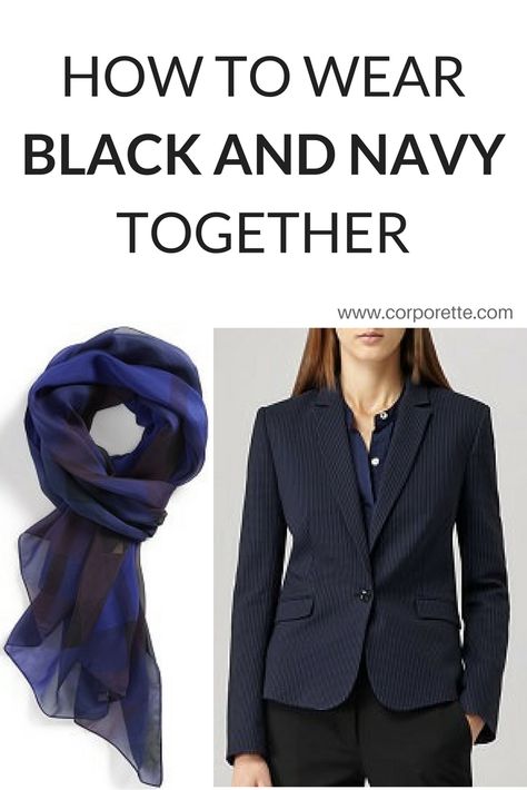 Can you wear black and navy together? What about a dark blue pinstriped blazer — how can you mix that with black suiting pieces? Learn how to on the Corporette blog. Navy Blazer Grey Pants, Navy Pants Outfit Women, Navy Blazer Outfit Women Work, Navy Blue Blazer Outfit Women, Navy And Black Suit, Blue Suit Style, Blue Blazer Outfits For Women, Navy Blue Blazer Women, Navy Blue Blazer Outfit