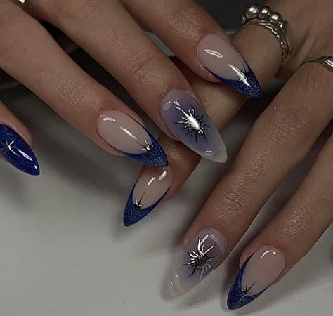 Summer Nails Tips, Nails W Glitter, Halo Nails, Dark Blue Nails, Queen Nails, Almond Nails Designs, Soft Nails, Blue Nail, Sparkle Nails