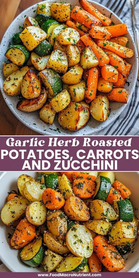 Elevate your veggie game with this vibrant mix of garlic-infused roasted potatoes, sweet carrots, and tender zucchini. Perfect as a side dish or a healthy main, this colorful medley brings flavor and nutrition to any meal! Veggie Medley Recipes, Roasted Veggie Medley, Roasted Potatoes Carrots, Carrots Healthy, New Meal Ideas, Sweet Potato Recipes Roasted, Carrots Side Dish, Roasted Potatoes And Carrots, Sweet Carrots