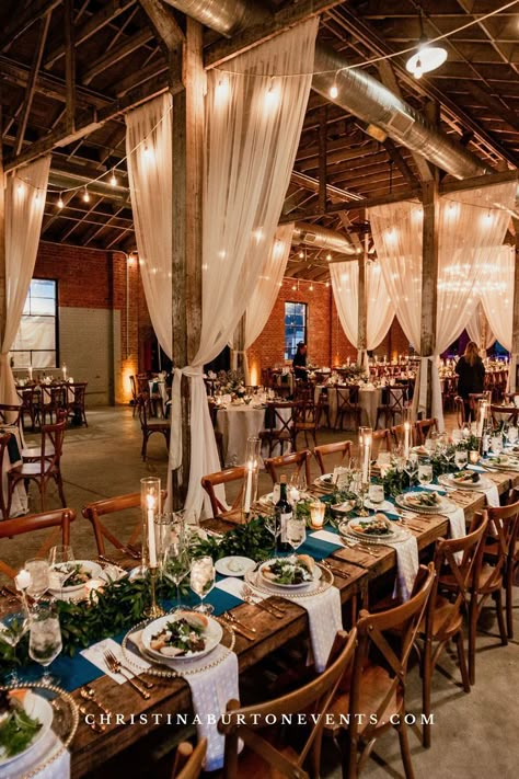 Brick Building Wedding Reception, Loft Style Wedding Decor, Exposed Brick Wedding Decor, Brick Wall Wedding Decor, Industrial Wedding Venue Decor, Castle And Key Distillery Wedding, Factory Wedding Decor, Brick Wedding Venue Decor, Warehouse Wedding Reception