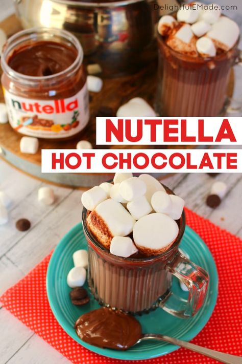 Nutella Hot Chocolate | The BEST Nutella Hot Chocolate Recipe! #nutellarecipe #nutellahotchocolate Nutella Recipes Drinks, Christmas Party Drink Recipes, Nutella Hot Chocolate Recipe, Hot Chocolate Toppings, Christmas Cookie Exchange Recipes, Nutella Hot Chocolate, Hot Chocolate Cocoa, Delicious Hot Chocolate, Homemade Nutella