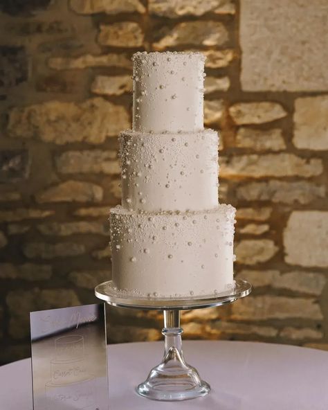 What better way to celebrate your “I do’s” than with a slice of something sweet? Take a look through our list of gorgeous wedding cakes--like this elegant + modern white three-tier pearl-embellished wedding cake--to start dreaming up wedding cake designs for your big day 🍰 White Cake With Pearls, Sparkle Wedding Cakes, Sparkly Wedding Cakes, Classy Wedding Cakes, Wedding Cake Designs Elegant, Most Beautiful Wedding Cakes, Elegant Wedding Cake Toppers, Wedding Cake Designs Simple, Wedding Cake Simple Elegant