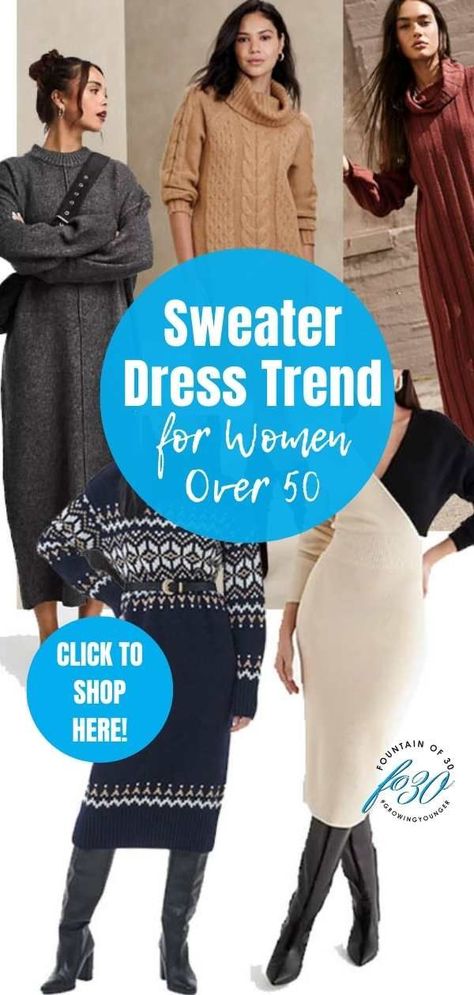 Here are your best options and how to style the sweater dress trend for women over 50. Beat the cold and still stay warm in a sweater dress. #sweaterdress #fashiontrends #wintertrends Sweater Dresses With Leggings, Maurices Outfits Fall 2024, Shoes To Wear With Sweater Dresses, Sweater Dresses Outfits, Styling A Sweater Dress, Long Sweater Dress Outfit Winter, How To Style A Sweater Dress, White Sweater Dress Outfit, Sweater Dress With Boots