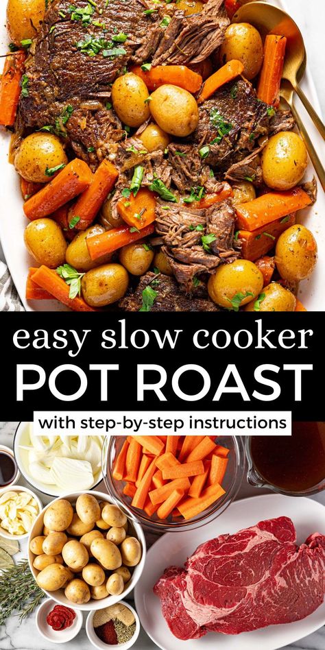 This crock pot pot roast is the ultimate comfort food and it's SUPER easy to throw together. The slow cooker does all the work and delivers a perfectly tender, juicy pot roast with tender-crisp veggies and an optional 5-minute stovetop gravy! Easy Slow Cooker Pot Roast, The Best Pot Roast, Slow Cooker Pot Roast Recipes, Crockpot Roast Recipes, Pot Roast Crock Pot Recipes, Chuck Roast Recipes, Slow Cooker Pot Roast, Best Pot Roast, Slow Cooker Recipes Beef