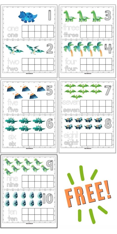 Counting Dinosaurs Preschool, Tens Frame Kindergarten Free Printable, Dinosaur Counting Preschool, Dinosaur Math Kindergarten, Dinosaur Numbers Free Printables, Dinosaur Name Activities Preschool, How To Teach Numbers To Kindergarten, Dinosaur Number Activities, How Do Dinosaurs Count To Ten Activities