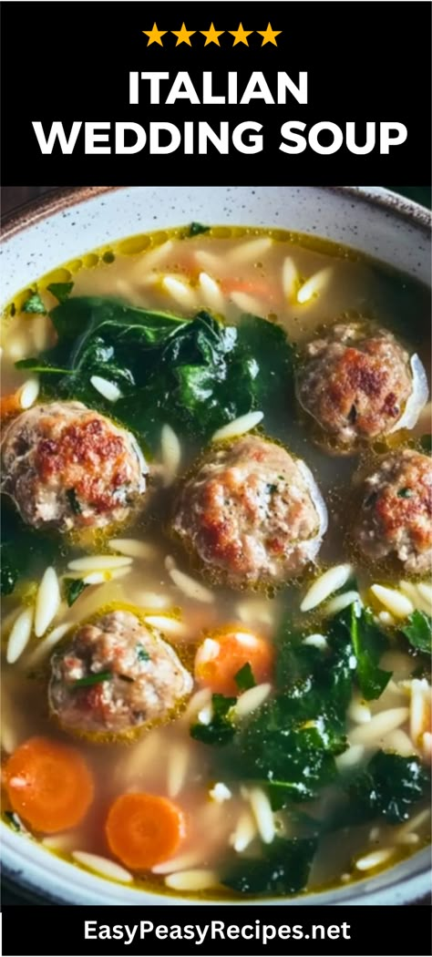 Warm up with a delicious bowl of Easy Italian Wedding Soup! This comforting dish mixes flavorful broth with tiny meatballs, fresh spinach, and tasty herbs – perfect for any weekday dinner or special occasion. Whether you’re looking to impress guests or enjoy a cozy meal at home, this recipe is your go-to. Discover how simple it is to whip up authentic flavors that everyone will love. Try out this ultimate Italian soup recipe today and savor each satisfying spoonful! Italian Meatball Wedding Soup, Italian Holiday Soup, Crockpot Italian Wedding Soup Easy, Italian Seafood Soup, Soups With Spinach Recipes, Authentic Italian Soup Recipes, Easy Wedding Soup, Simple Italian Wedding, Italian Wedding Soup Crock Pot