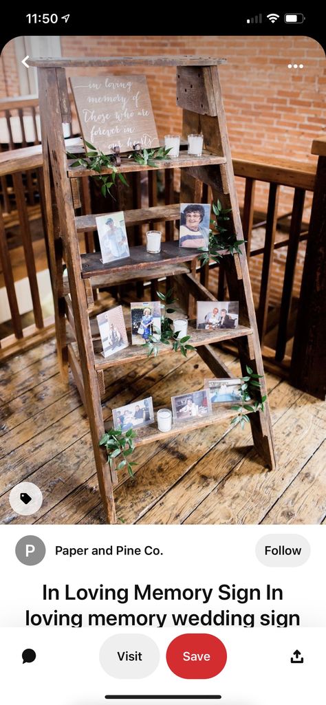 Wedding Ladder Decor, Cocktail Reception Decor, Ladder Wedding, Memory Table Wedding, Rusting Wedding, Cocktail Wedding Reception, Wedding Memory, Memory Table, Earthy Wedding