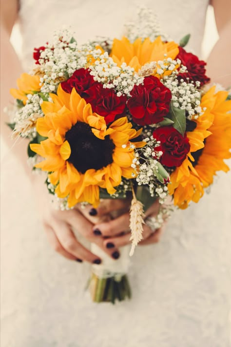 Sunflower Burgundy Bouquet, Red Roses Sunflowers Bouquet, Red And White Roses With Sunflowers, Wedding Ideas Sunflowers And Roses, Yellow And Red Flower Bouquet, Simple Fall Wedding Bouquets With Sunflowers, Bridal Bouquet Sunflowers And Roses, Yellow Red Bouquet, Sunflowers And Red Roses Bouquet