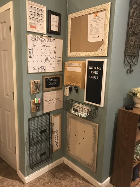 Home Information Center, Calander Organization, Home Owners Association Ideas, Rustic Command Center, Corner Command Center, Home Board Ideas, Command Station Wall, Small Command Center Ideas, Diy Command Center Wall