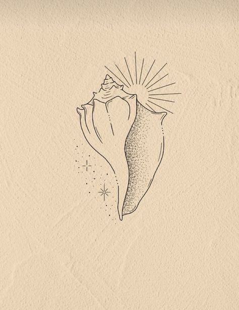 Sun And Shell Tattoo, Conch Shell Sketch, Horse Conch Shell Tattoo, Conk Shell Tattoos, Queen Conch Shell Tattoo, Creative Tattoos Drawings, Seashell Back Tattoo, Papaya Tattoo Small, Seashell Tattoo Ankle