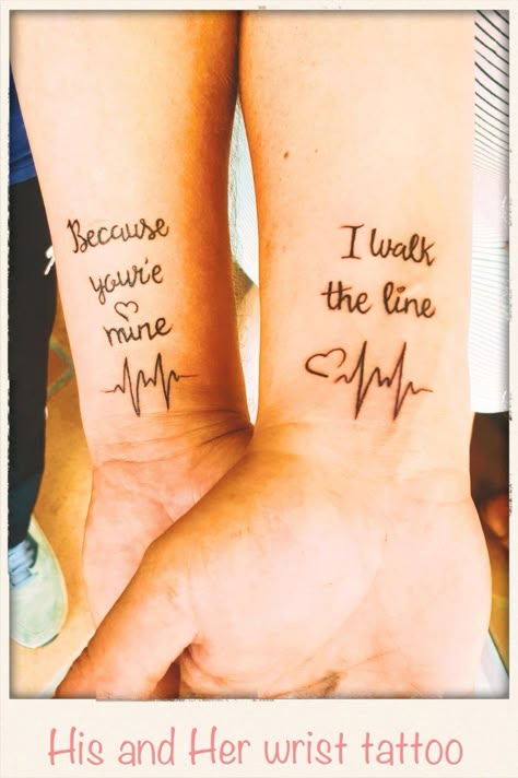 Today we finally got our tattoos! We've been married 20yrs, and almost lost my hubbie to 5! heart attacks and total kidney failure just 10 wks ago😓 So to celebrate our love, for each other and blues we choose this beautiful text from Johnny Cash, I walk the line. With a heart line to remember on the dark times we've been true. Love it!!! #couplestattoosmarried Because Your Mine I Walk The Line Tattoo, We Got This Tattoo, Freja Tattoo, Husband And Wife Tattoos Meaningful, Tattoos Husband And Wife, Johnny Cash Tattoo Ideas, Married Couple Tattoos Unique Love, Country Couple Tattoos, Married Tattoos