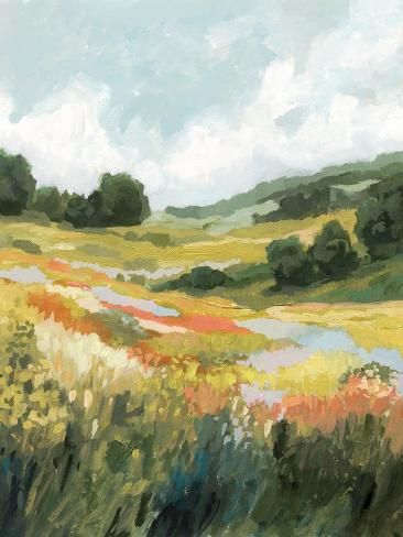 size: 12x9in Art Print: Prairie Grass Vista II by Victoria Barnes : Mixed Media Landscape Painting, French Country Landscape Paintings, Green Pastures Painting, Mountain Meadow Painting, Watercolor Art For Wall Decor, French Cottage Art, Field Of Yellow Flowers Painting, Texas Landscape Art, Beautiful Nature Painting