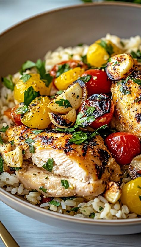 Experience a burst of flavors with our Flavor-Packed Mediterranean Chicken and Rice Bowl! This wholesome dish features marinated chicken, cooked to perfection, served over a bed of fluffy rice and topped with vibrant Mediterranean ingredients. Loaded with fresh veggies, olives, and a drizzle of tangy dressing, this bowl is both nutritious and delicious. Ideal for meal prep, this recipe is perfect for busy weeknights or when you crave a healthy, hearty meal. Mediterranean Chicken And Rice Bowl, Chicken Mediterranean Bowl, Mediterranean Chicken And Rice, Chicken And Rice Bowl, Mediterranean Ingredients, Mediterranean Rice, Mediterranean Bowl, Rice Bowls Healthy, Mediterranean Chicken Recipes