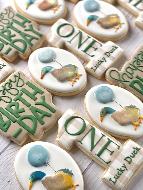 One Lucky Duck Birthday Party Cookies, Duck Hunting Themed 1st Birthday, One Lucky Duck First Birthday Party, Mallard First Birthday Party Boy, One Lucky Duck Birthday Party Mallard Cake, Mallard Duck 1st Birthday, 1st Birthday Boy Duck Theme, Mallard Birthday Theme, Duck Hunting Cookies