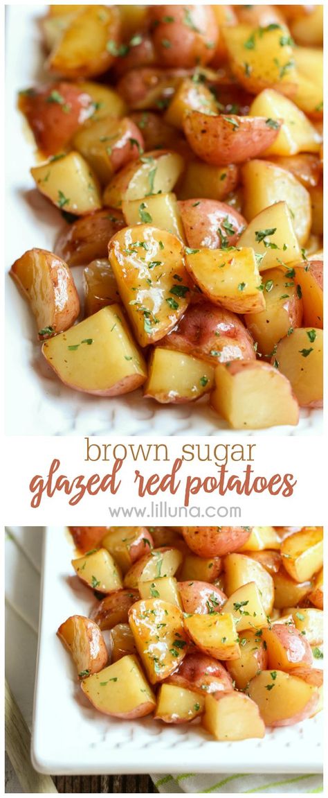 Our new favorite side dish - Brown Sugar Glazed Red Potatoes. They are so easy to make and taste amazing! Get the recipe on { lilluna.com } Red Potatoes Recipe, Red Potato Recipes, Red Potato, Sugar Glaze, Potato Sides, Potato Side Dishes, Potatoes Recipe, Favorite Side Dish, Potato Dishes