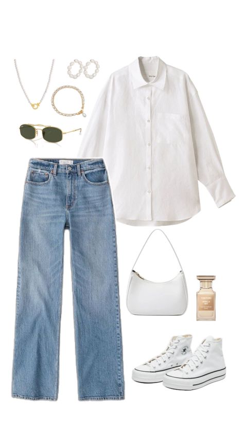 Spring outfit idea, fashion inspiration, inspo, white converse, straigh leg jeans, White shirt, pearls jewells Shirt - https://amzn.to/4b9Cl8F Jeans - https://amzn.to/3wqpOyB Shoes - https://amzn.to/4dyEzQw Bag - https://amzn.to/3URu1oz Sunglasses - https://amzn.to/4dwSExV Accessories - https://amzn.to/4b80Kvo https://amzn.to/3JQxCwz https://amzn.to/3UQYJxS  #ad #sponsored #affiliate White Blouse Styling, White Bag Outfit Ideas, White Blouse Outfit Casual, White Long Sleeves Outfit Casual, White Shirt Jeans Outfit, White Shirt Casual Outfit, White Long Sleeves Outfit, White Shoulder Bag Outfit, White Shirts Outfits