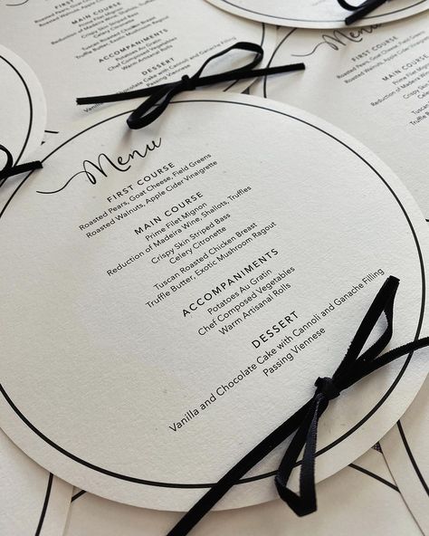 Modern black and white wedding day menu with bow detail. Created by Maryland luxury wedding stationer Turnage + Watts. Modern Black And White Wedding, Wedding Menus Design, Black And White Wedding Theme, Elegant Wedding Inspiration, White Wedding Theme, Black Bows, Luxury Invitation, Wedding Invitations Romantic, Wedding Menu Cards