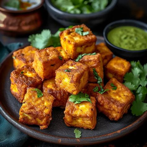 Paneer Pakora, also known as Paneer Pakoda, is a popular and mouthwatering Indian snack that features slices of paneer (Indian cottage cheese) coated in a spiced gram flour batter and deep-fried to crispy perfection. This dish is loved for its crunchy exterior and soft, melt-in-the-mouth paneer inside. Paneer Pakora is a favorite street food and tea-time snack across India. Paneer Pakora Indian, Indian Food Paneer, Paneer Pakoda Recipe, Paneer Crispy, Paneer Fry, Paneer Pakoda, Crispy Paneer, Fried Fritters, Paneer Pakora