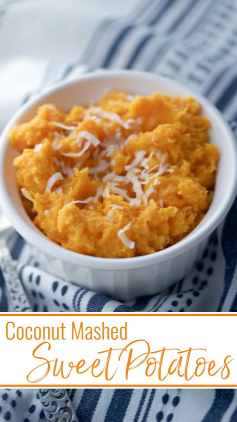 Fresh sweet potatoes mashed with coconut milk, coconut flakes butter and salt are super creamy and delicious. Sweet Potatoes Mashed, Recipes Using Coconut Milk, Whipped Sweet Potatoes, Potatoes Mashed, Sweet Potato Recipes Mashed, Coconut Lime Chicken, Vegetable Side Dishes Recipes, Unsweetened Coconut, Mashed Sweet Potatoes