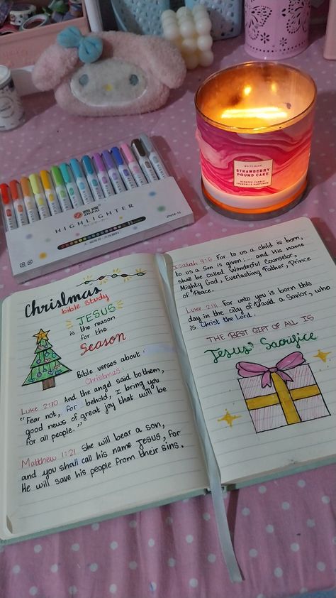 Christmas bible study!! 🎄 | 🛍: highlighters from shein, candle from bath and body works <3 | 🏷: #bible #biblestudy #christian #christmas #christiangirl #god #jesuslovesyou Christmas, Bible study, Bible, Christian girl | 💌 Christmas Eve Bible Study, Teen Girl Bible Study Ideas, Christmas Bible Study For Women, Christmas Bible Study For Teens, Christmas Bible Journaling Ideas, Bible Journaling Christmas, Bible Essentials, Bible Study Christmas, Christmas Bible Journaling