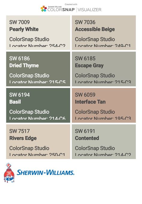 I just created this color palette with the Sherwin-Williams ColorSnap® Visualizer app on my Android phone. What do you think? You can learn more about ColorSnap Visualizer and get it on your phone free by visiting https://www.sherwin-williams.com/content/colorsnap.html. Rivers Edge Sherwin Williams, Sherwin Williams Rivers Edge, Contented Sherwin Williams, Door Colour, Rivers Edge, Accessible Beige, River Edge, Sherwin Williams Paint Colors, Paint Samples