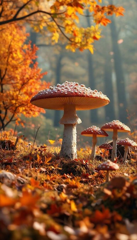 Fall Aesthetic Mushroom, Real Mushroom Wallpaper, Fall Mushrooms Wallpaper, Orange Mushroom Aesthetic, Wallpaper Backgrounds Mushrooms, Fall Mushroom Wallpaper, Mushroom Forest Aesthetic, Autumn Objects, Red Mushroom Art