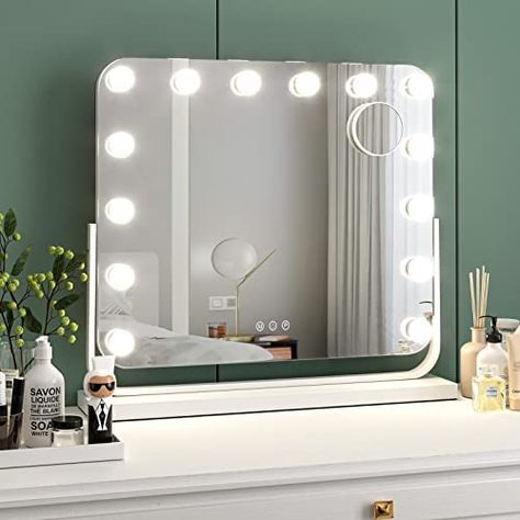 Hollywood Makeup Mirror with Lighting, 360° Rotating Cosmetic Mirror with 14 Dimmable LED Mirrors, Touch Control Table Mirror with 3 Colour Temperature Lights, 10x Magnifying Mirror, White, 60 x 53 cm : Amazon.de: Home & Kitchen Hollywood Makeup Mirror, Makeup Vanity Mirror With Lights, Wall Mounted Makeup Mirror, Hollywood Vanity Mirror, Mirrors For Makeup, Hollywood Vanity, Hollywood Makeup, Vanity Mirror With Lights, Hollywood Mirror