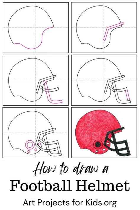 Learn how to draw a Football Helmet with an easy step-by-step PDF tutorial. #howtodraw #tutorial #drawing #drawingtutorial #arttutorial #artprojectsforkids #howtodrawforkids #footballhelmet #helmet How To Draw A Football Helmet, How To Draw Football, Football Painting Ideas, Football Doodles, Football Clip Art, Homecoming Poster, Homecoming Poster Ideas, Football Paintings, Helmet Drawing