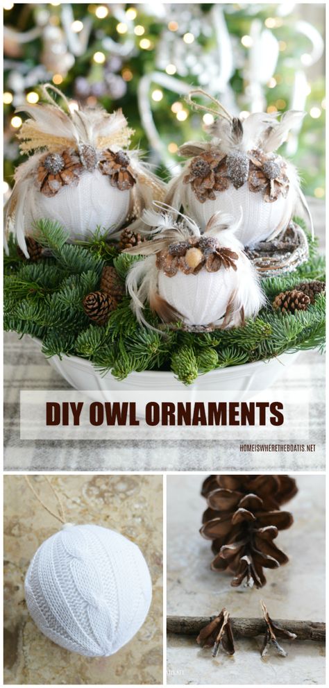 Woodland Christmas Tree Ornaments, Diy Bird Ornaments Christmas, Woodland Christmas Ornaments Diy, Owl Ornaments To Make, Diy Woodland Ornaments, Woodland Ornaments Diy, Diy Woodland Christmas Ornaments, Feather Ornaments Diy, Fall Ornaments Diy