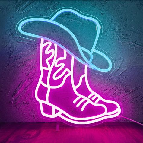 Cowboy Boot and Hat Neon Sign, LED Pink Cowgirl Boots Neon Sign Wall Decor, Pink | Monogram Markets Pink Aesthetic Western, Bilik Permainan, Game Room Bedroom, Stylish Room Decor, Pink Cowgirl Boots, Neon Sign Wall, Cowboy Shoes, Western Wall Art, Pink Cowgirl