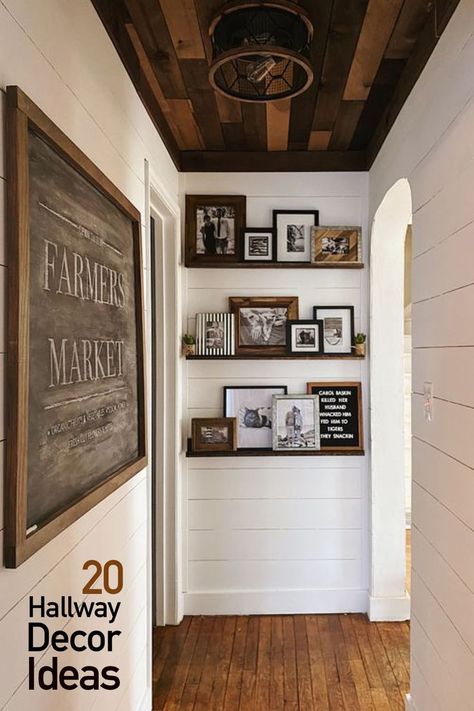 Browse the best hallway decor ideas and hallway designs for walls and the end of hallways. See narrow and small hallways brought to life with stylish wall decor and farmhouse style. Farmhouse Decor Hallway Wall, Picture Gallery Hallway, Hallway Rustic Decor, Hallway Decor Farmhouse, Pictures On Shiplap Wall, Industrial Farmhouse Hallway, Entry To Master Suite, Ranch Hallway Ideas, Bedroom Hallway Decorating Ideas