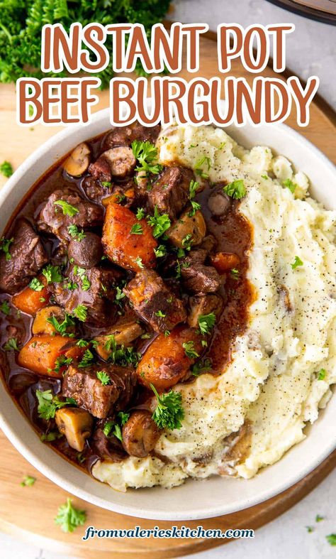 Instant Pot Beef Burgundy with tender chunks of beef, carrots, and mushrooms in a luscious gravy. Pressure cooking creates the best beef bourguignon in a fraction of the time. Rustic, flavorful and sure to impress! Beef Round Steak Recipes, Burgundy Beef, Beef And Mushroom Recipe, Cooking Stew Beef, Beef Stew Meat Recipes, Instant Pot Stew, Beef Burgundy, Sirloin Steak Recipes, Round Steak Recipes