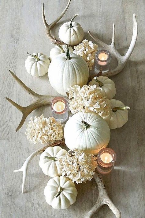 fall wedding decorations for a table with white pumpkins flowers reindeer antlers and candles inspired events by mari via instagram Tafel Decor, Fall Flower Arrangements, Pumpkin Flower, Fall Wedding Decorations, Deco Floral, Fall Centerpiece, Fall Table, Decor Minimalist, Thanksgiving Decor