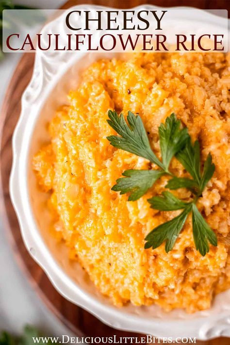 Cheesy Cauliflower Rice is sure to be your new favorite rice-alternative side dish recipe. Riced cauliflower is coated in a super creamy cheese sauce that is naturally low carb, keto-friendly, and gluten free. Even the most cauliflower-adversed will love this recipe! Rice Alternative, Cheesy Cauliflower Rice, Cauliflower Rice Casserole, Low Carb Rice, Creamy Cheese Sauce, Riced Cauliflower, Cauliflower Rice Recipes, Corn Chowder Recipe, Pasta Side Dishes